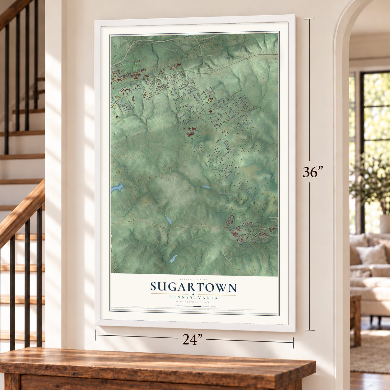 Sugartown, Pennsylvania map, 24 x 36 inch print in a white frame by a staircase