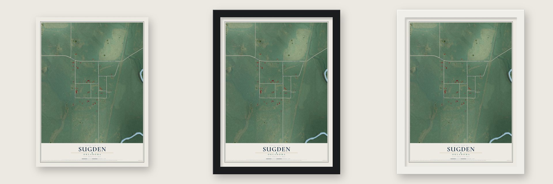 Sugden, Oklahoma map unframed, in a black wood frame and in a white wood frame