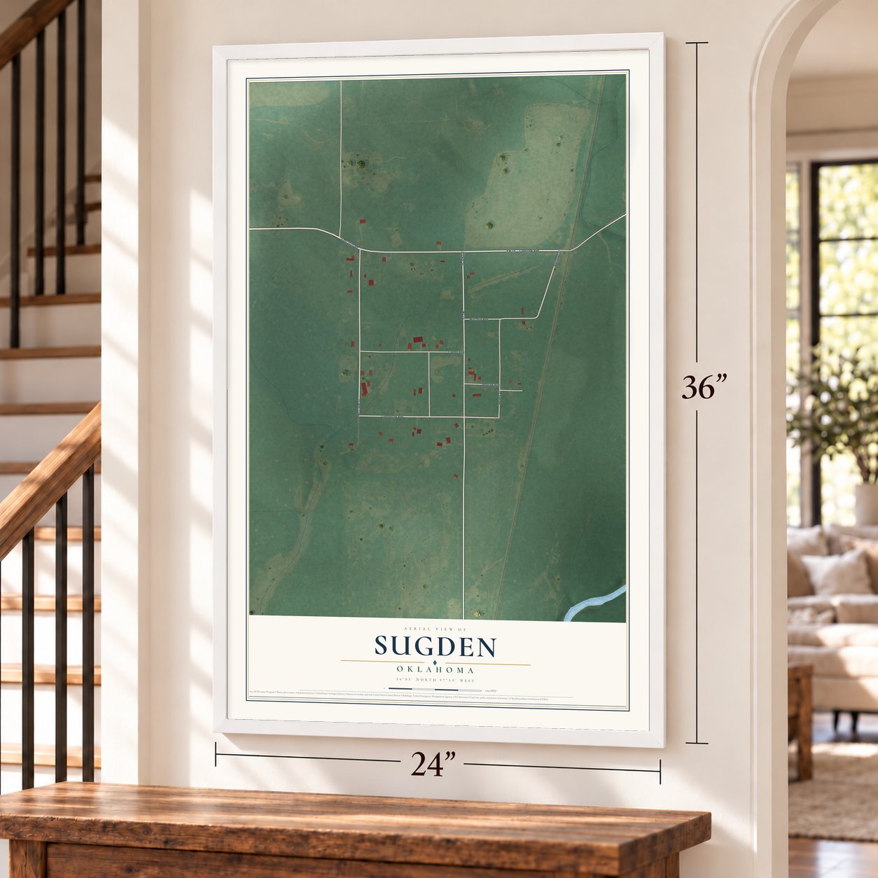 Sugden, Oklahoma map, 24 x 36 inch print in a white frame by a staircase
