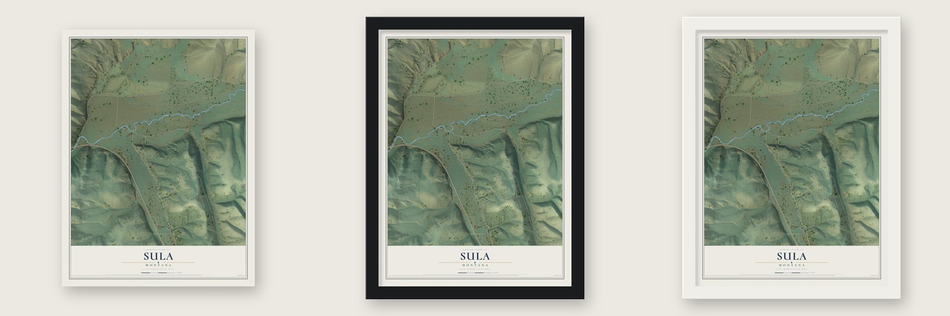 Sula, Montana map unframed, in a black wood frame and in a white wood frame
