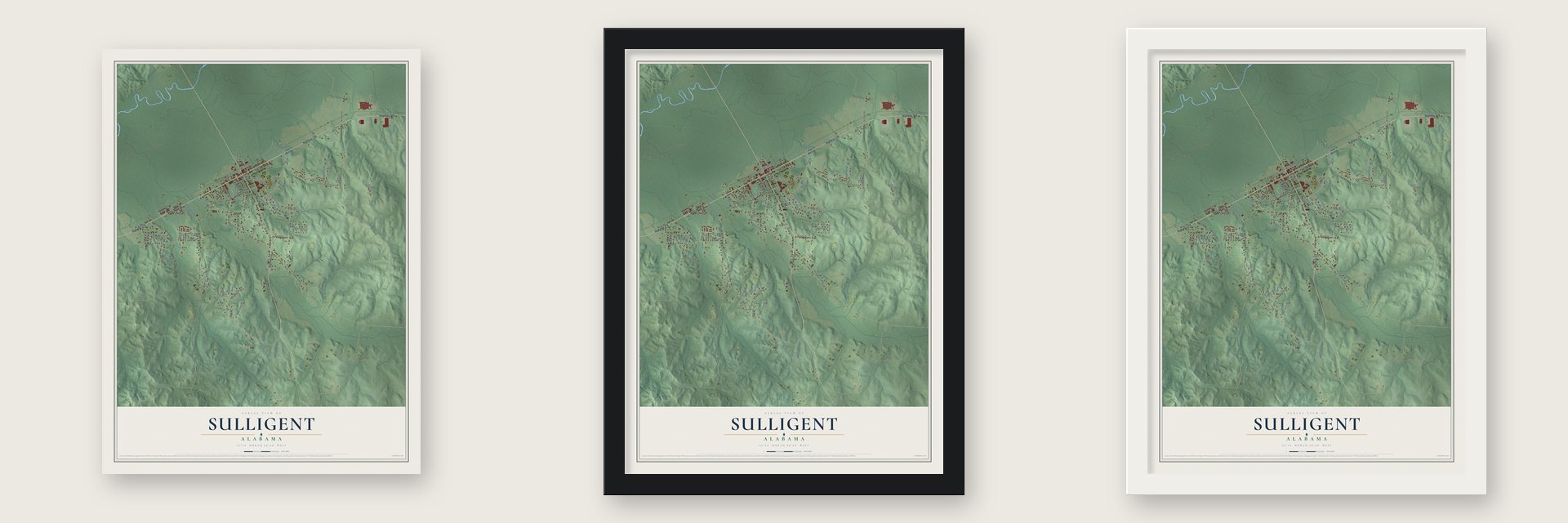 Sulligent, Alabama map unframed, in a black wood frame and in a white wood frame