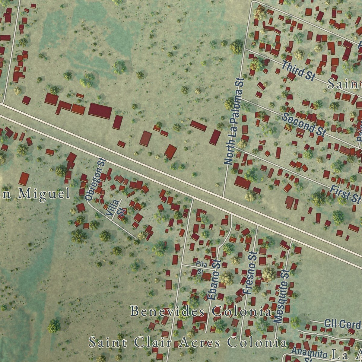Second close-up of the map of Sullivan City, Texas print showing more streets and buildings