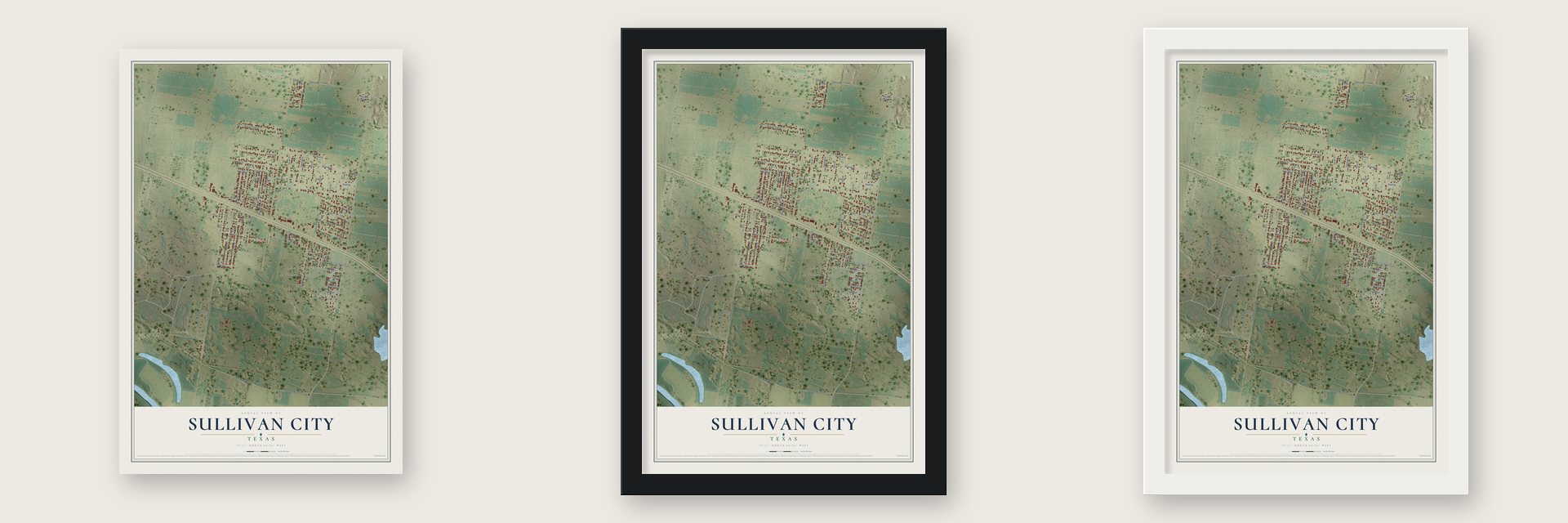 Sullivan City, Texas map unframed, in a black wood frame and in a white wood frame