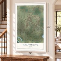 Sullivan City, Texas map, 24 x 36 inch print in a white frame by a staircase