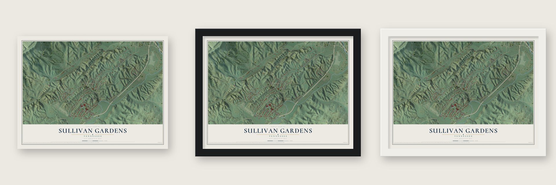 Sullivan Gardens, Tennessee map unframed, in a black wood frame and in a white wood frame