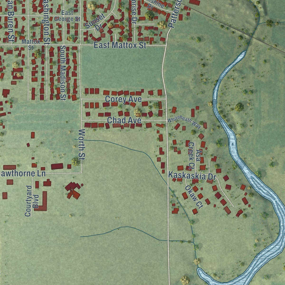 Second close-up of the map of Sullivan, Illinois print showing more streets and buildings