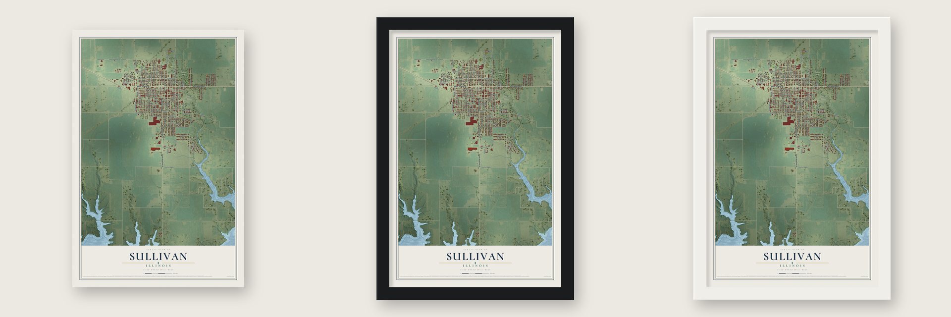 Sullivan, Illinois map unframed, in a black wood frame and in a white wood frame