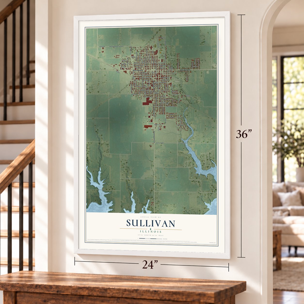 Sullivan, Illinois map, 24 x 36 inch print in a white frame by a staircase