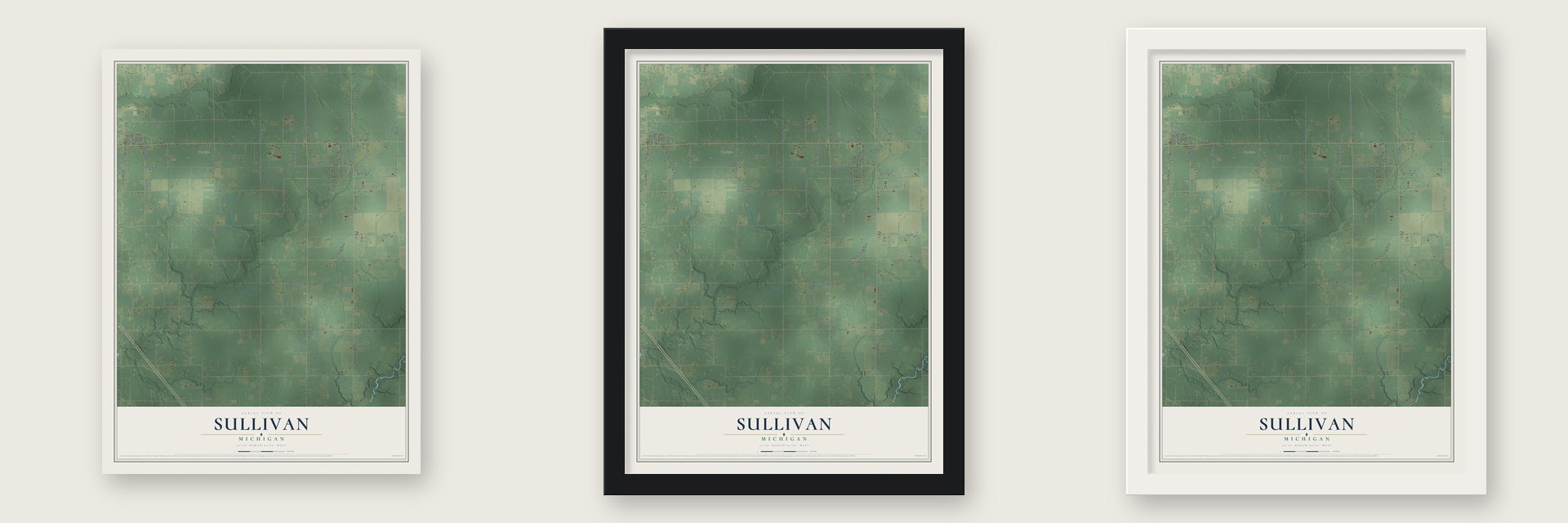 Sullivan, Michigan map unframed, in a black wood frame and in a white wood frame