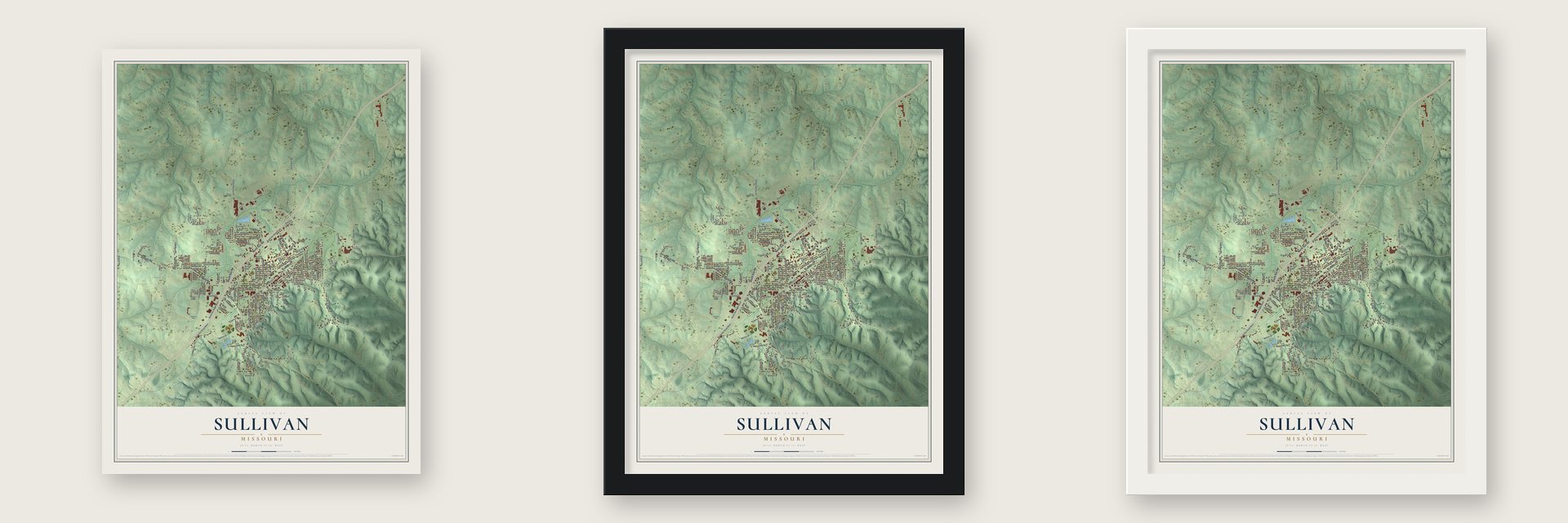Sullivan, Missouri map unframed, in a black wood frame and in a white wood frame