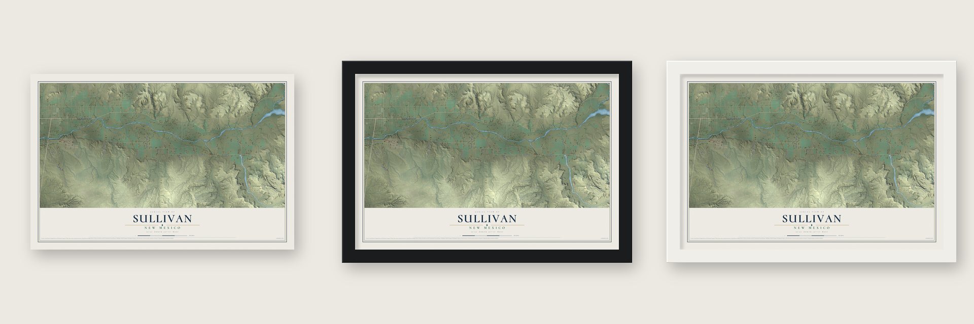 Sullivan, New Mexico map unframed, in a black wood frame and in a white wood frame