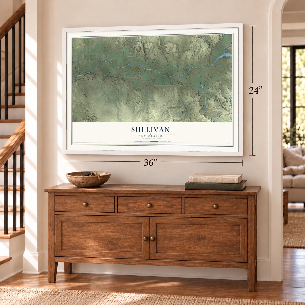 Sullivan, New Mexico map, 24 x 36 inch print in a white frame above a dresser by a staircase