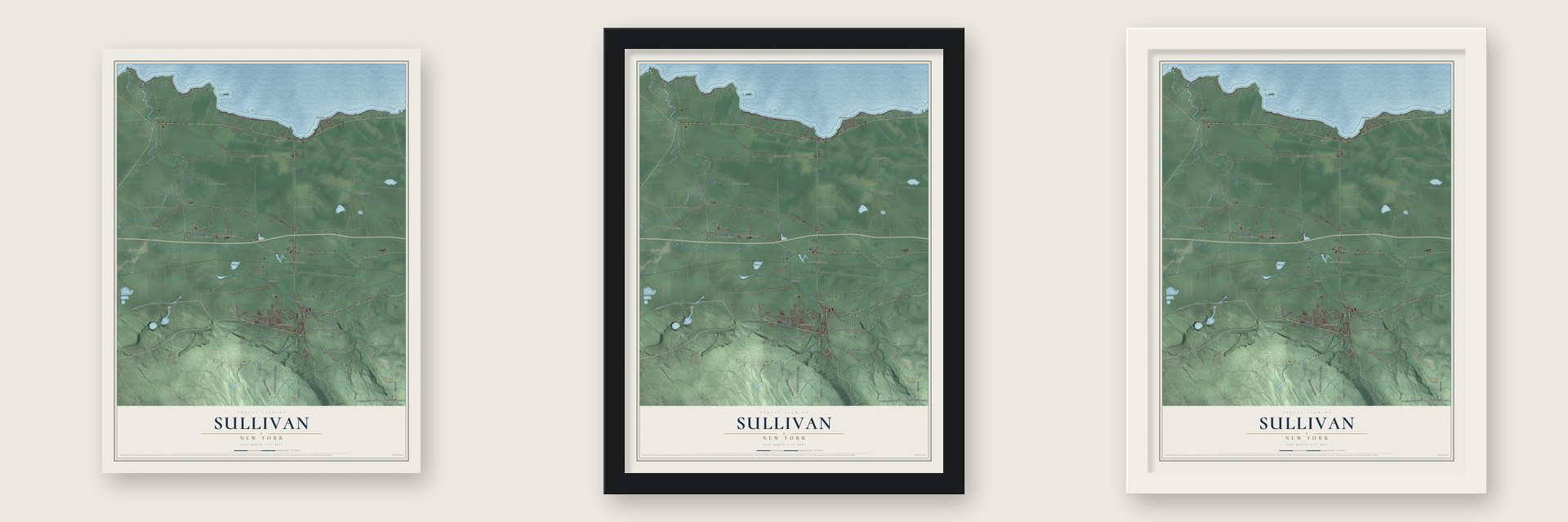 Sullivan, New York map unframed, in a black wood frame and in a white wood frame