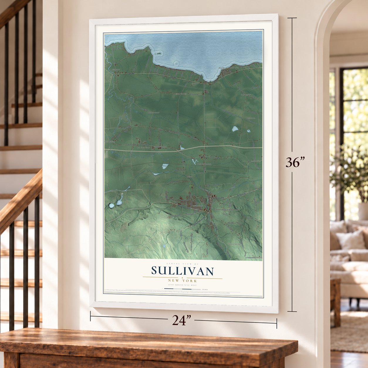 Sullivan, New York map, 24 x 36 inch print in a white frame by a staircase