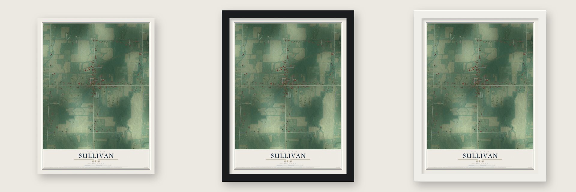 Sullivan, Ohio map unframed, in a black wood frame and in a white wood frame