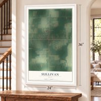 Sullivan, Ohio map, 24 x 36 inch print in a white frame by a staircase