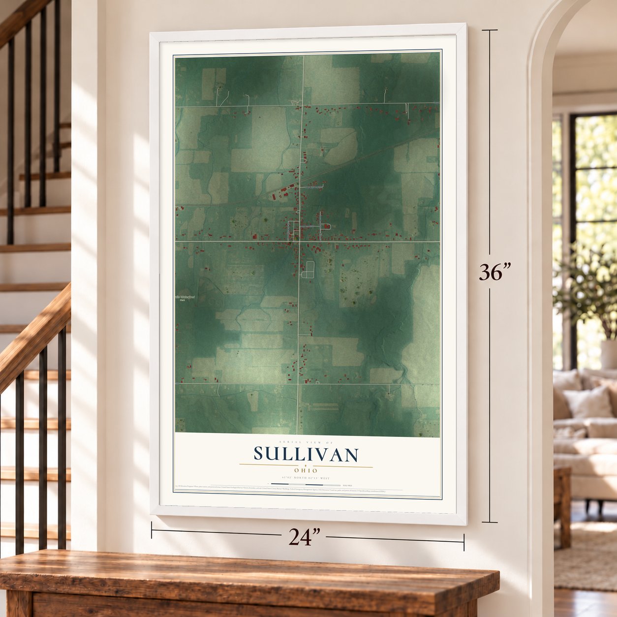 Sullivan, Ohio map, 24 x 36 inch print in a white frame by a staircase