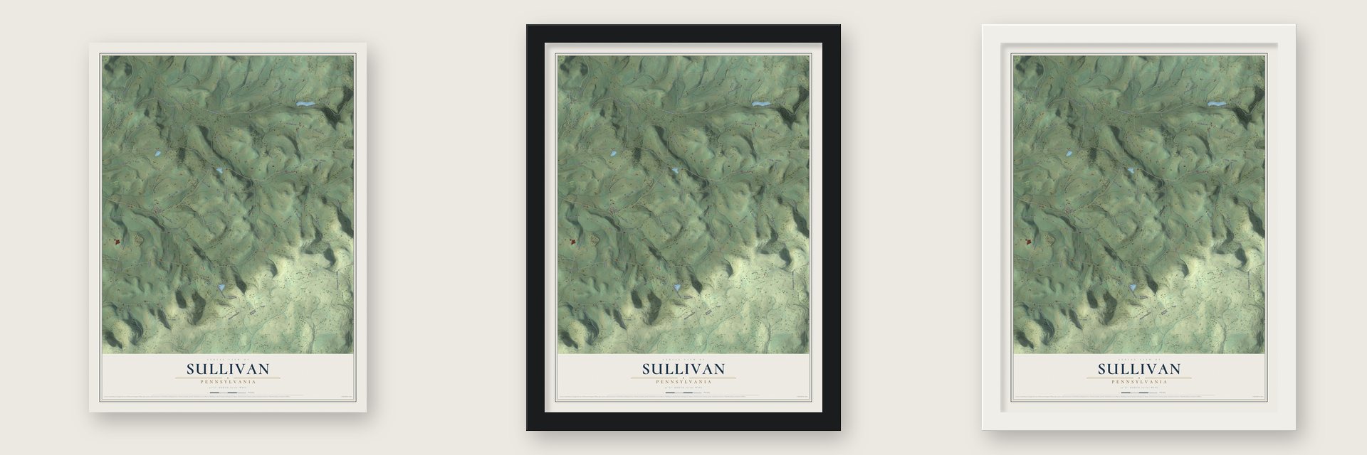 Sullivan, Pennsylvania map unframed, in a black wood frame and in a white wood frame