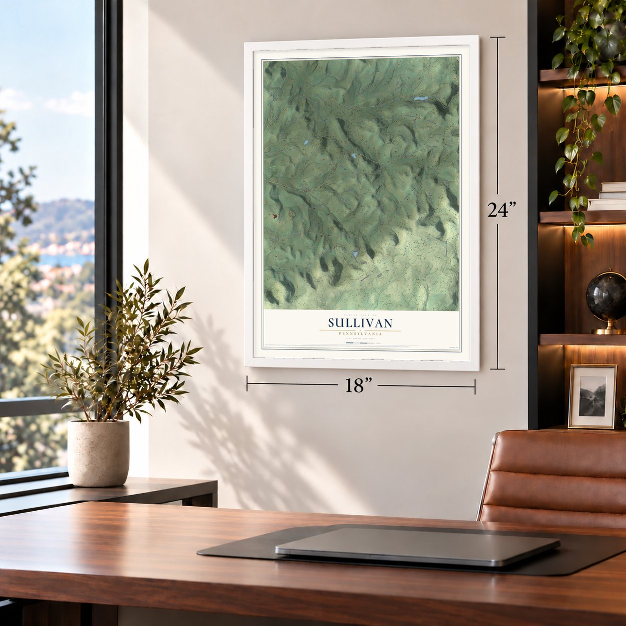 Sullivan, Pennsylvania map, 18 x 24 inch print in a white frame in a home office