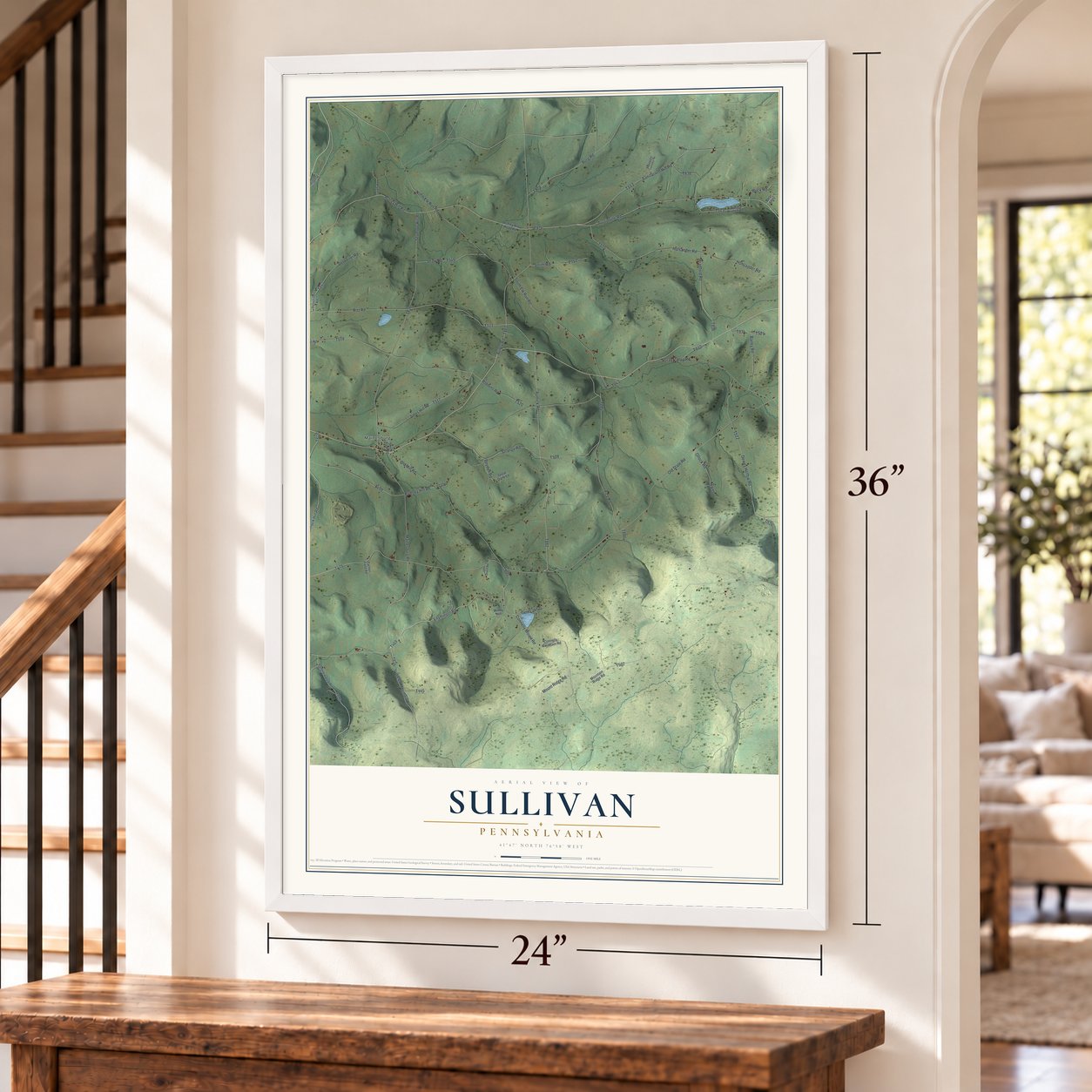 Sullivan, Pennsylvania map, 24 x 36 inch print in a white frame by a staircase