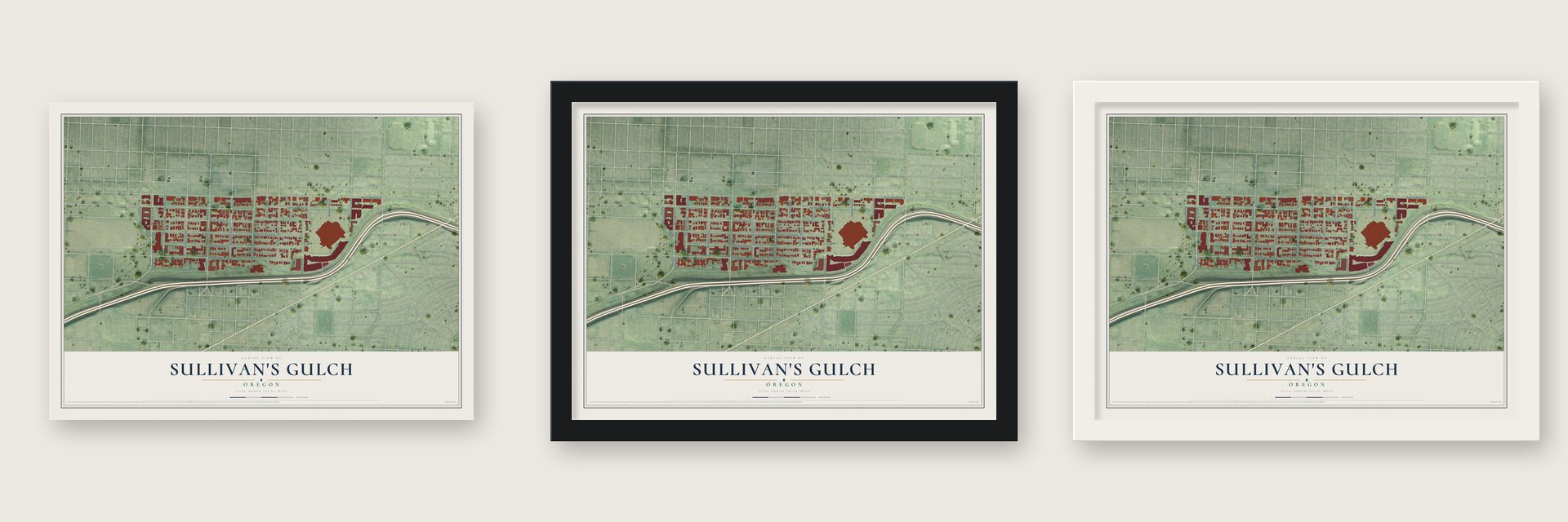 Sullivan's Gulch, Oregon map unframed, in a black wood frame and in a white wood frame
