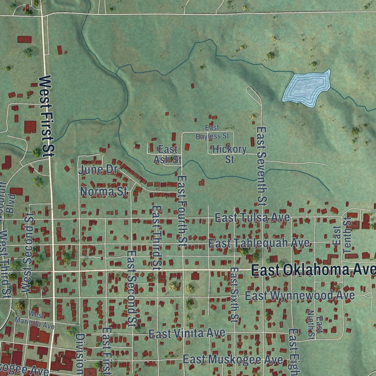 Second close-up of the map of Sulphur, Oklahoma print showing more streets and buildings