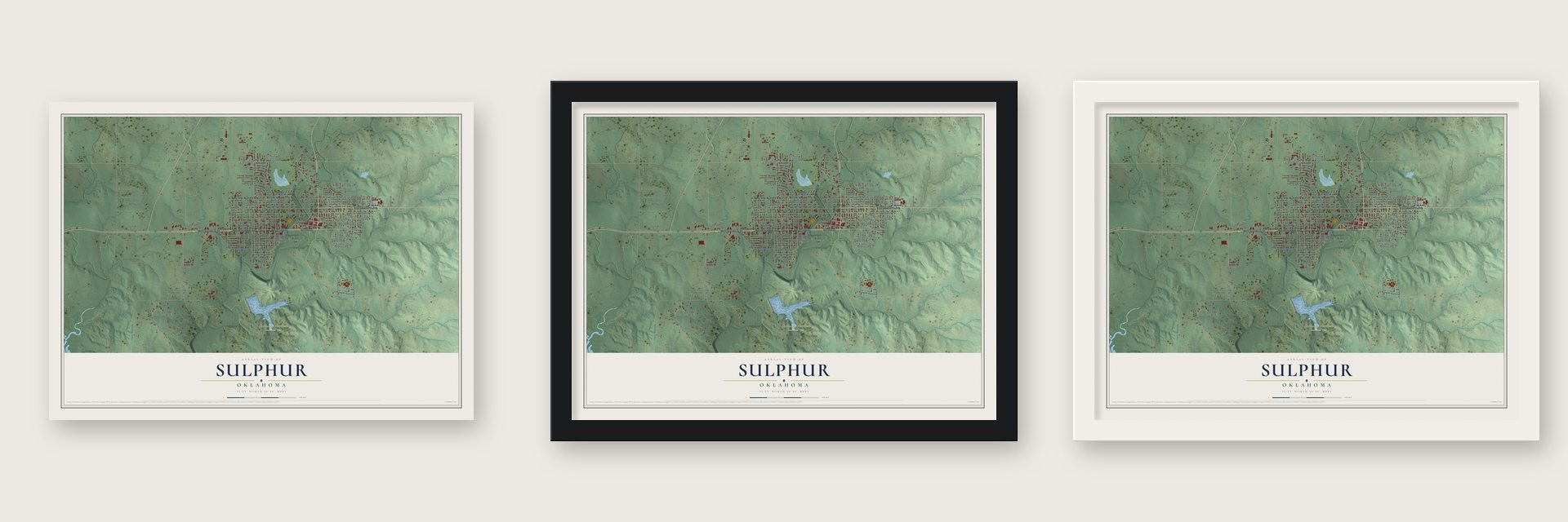 Sulphur, Oklahoma map unframed, in a black wood frame and in a white wood frame