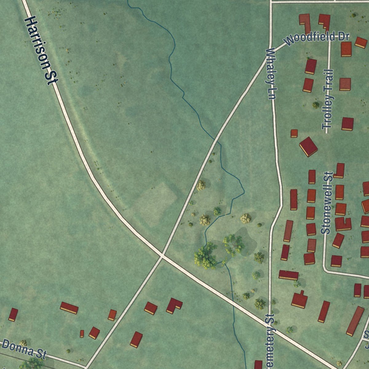 Second close-up of the map of Sulphur Rock, Arkansas print showing more streets and buildings