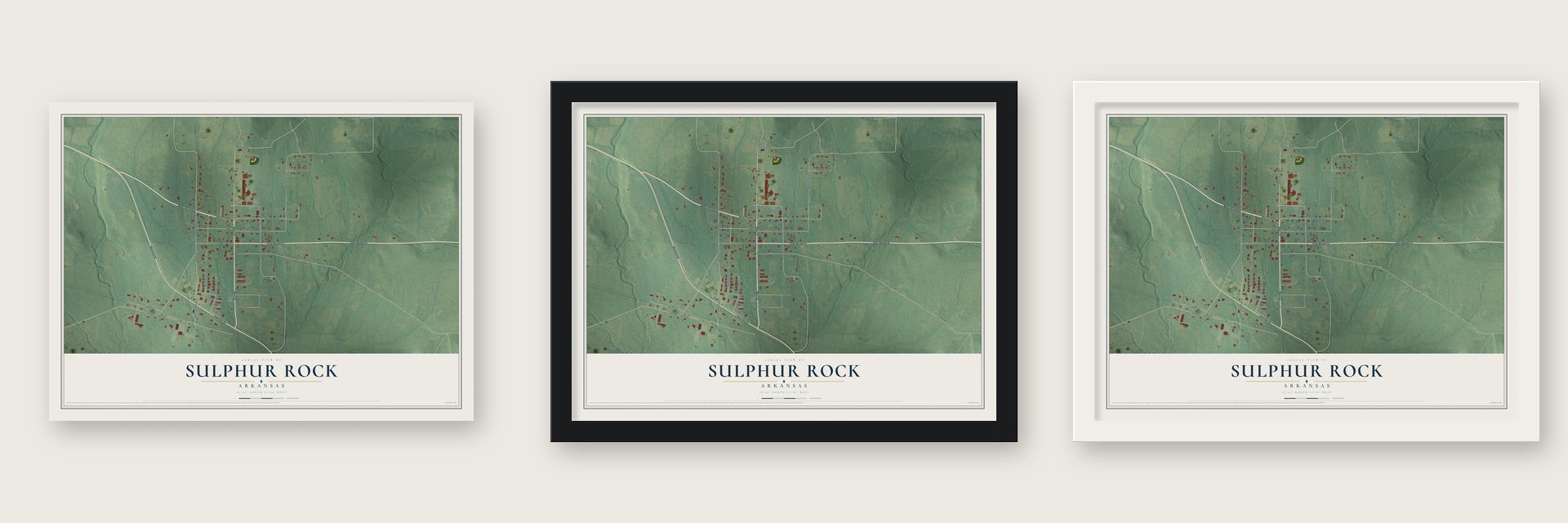 Sulphur Rock, Arkansas map unframed, in a black wood frame and in a white wood frame