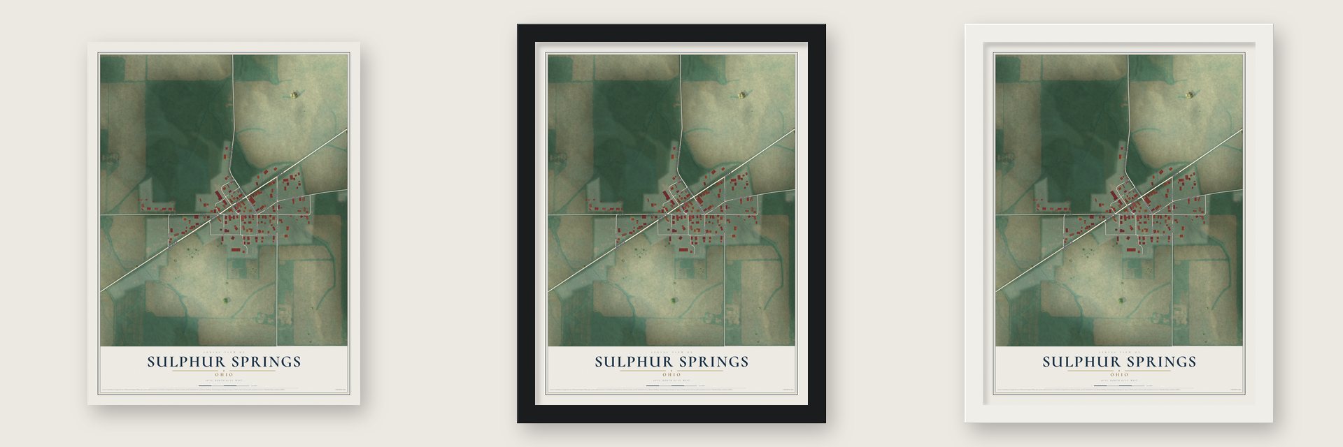Sulphur Springs, Ohio map unframed, in a black wood frame and in a white wood frame