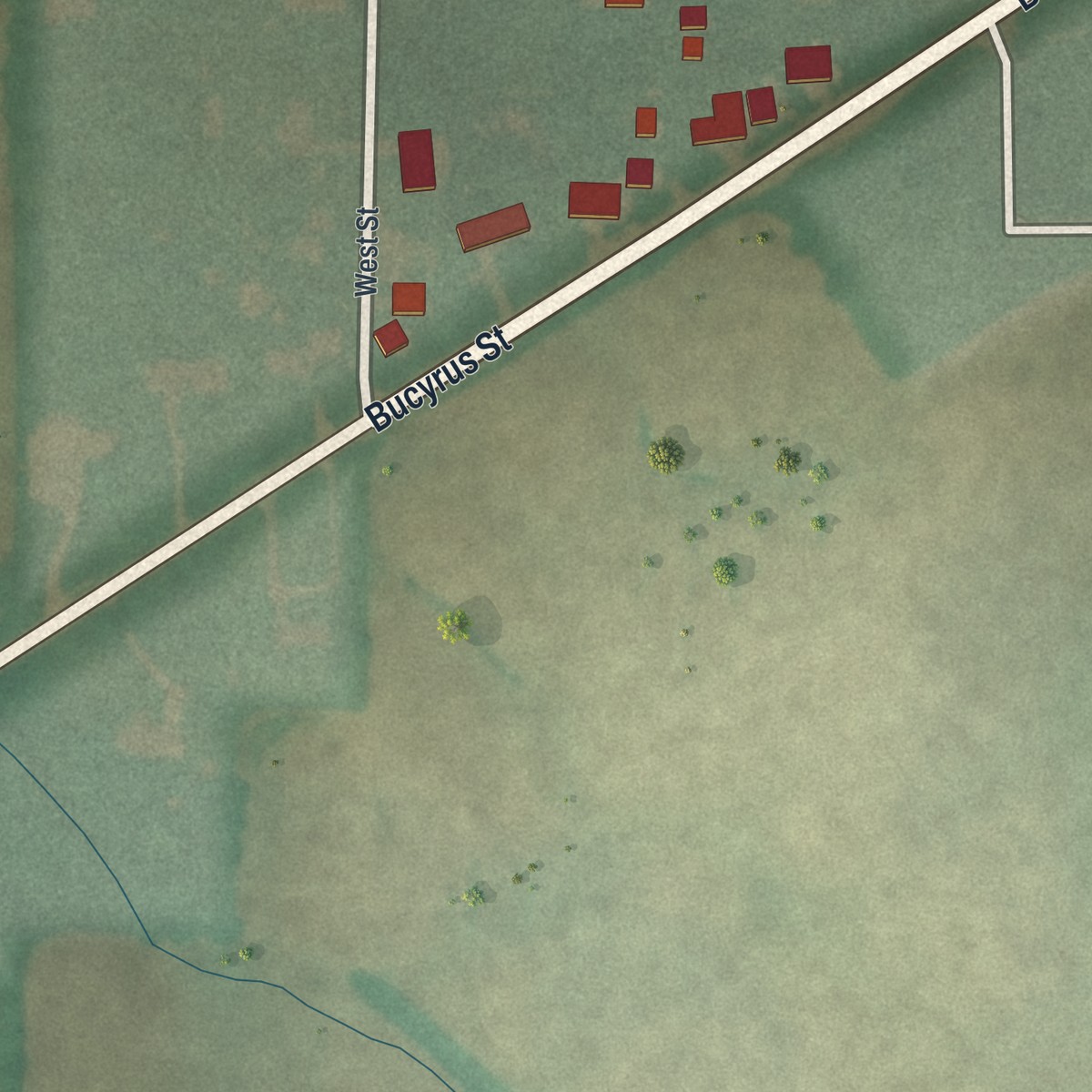 Second close-up of the map of Sulphur Springs, Ohio print showing more streets and buildings