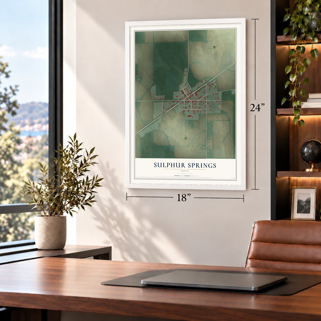 Sulphur Springs, Ohio map, 18 x 24 inch print in a white frame in a home office