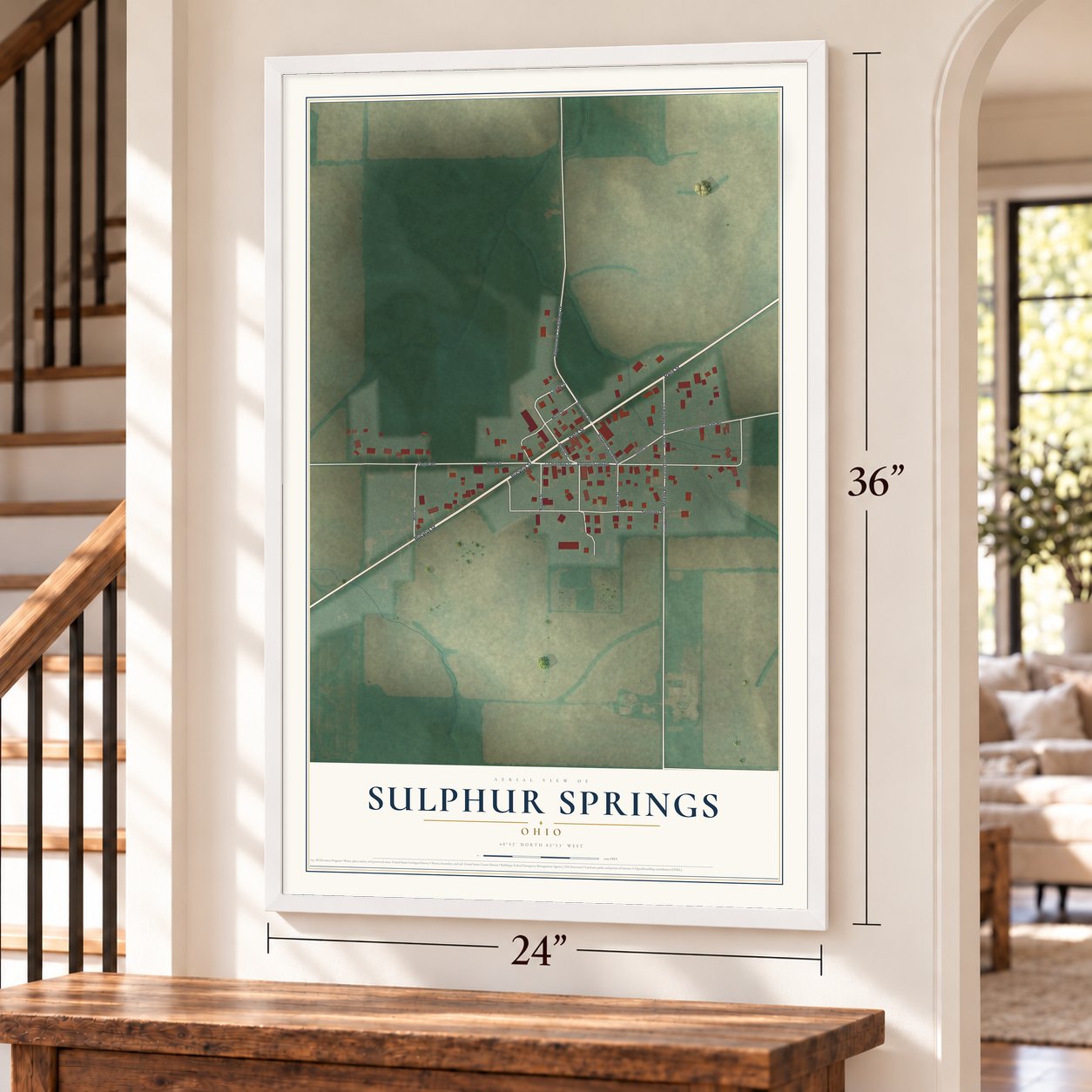 Sulphur Springs, Ohio map, 24 x 36 inch print in a white frame by a staircase