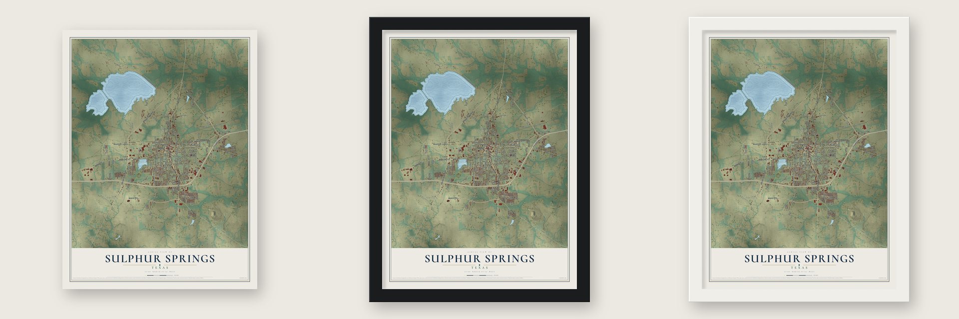 Sulphur Springs, Texas map unframed, in a black wood frame and in a white wood frame