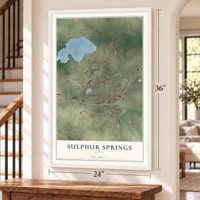 Sulphur Springs, Texas map, 24 x 36 inch print in a white frame by a staircase