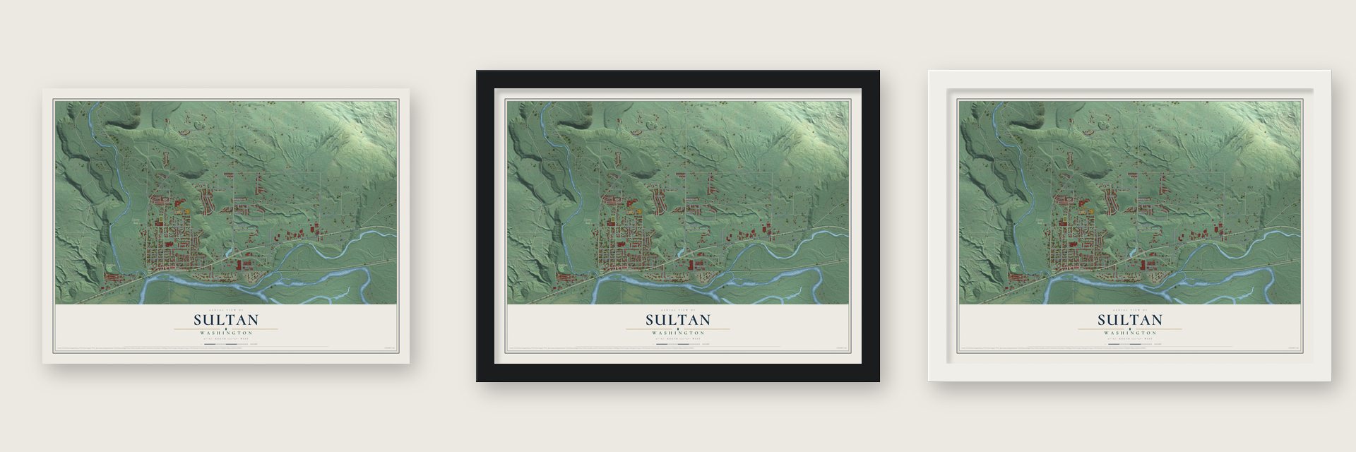 Sultan, Washington map unframed, in a black wood frame and in a white wood frame