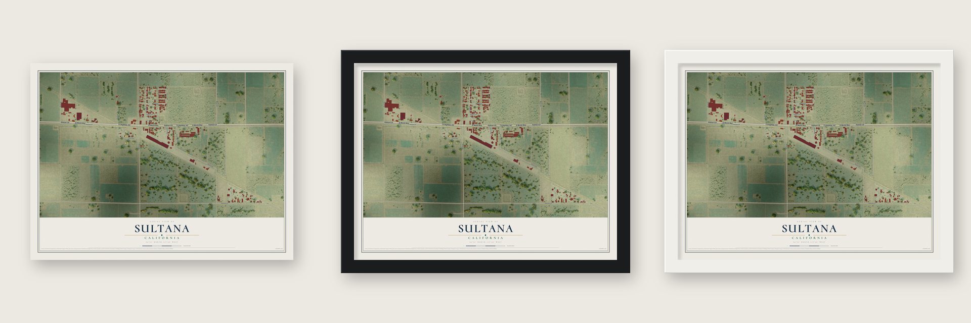 Sultana, California map unframed, in a black wood frame and in a white wood frame