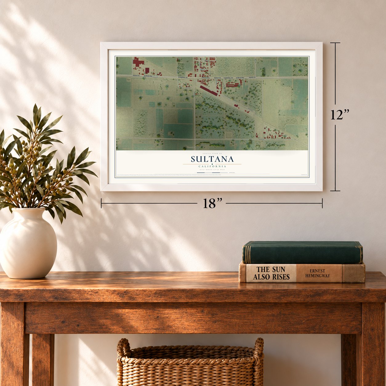 Sultana, California map, 12 x 18 inch print in a white frame in an entryway