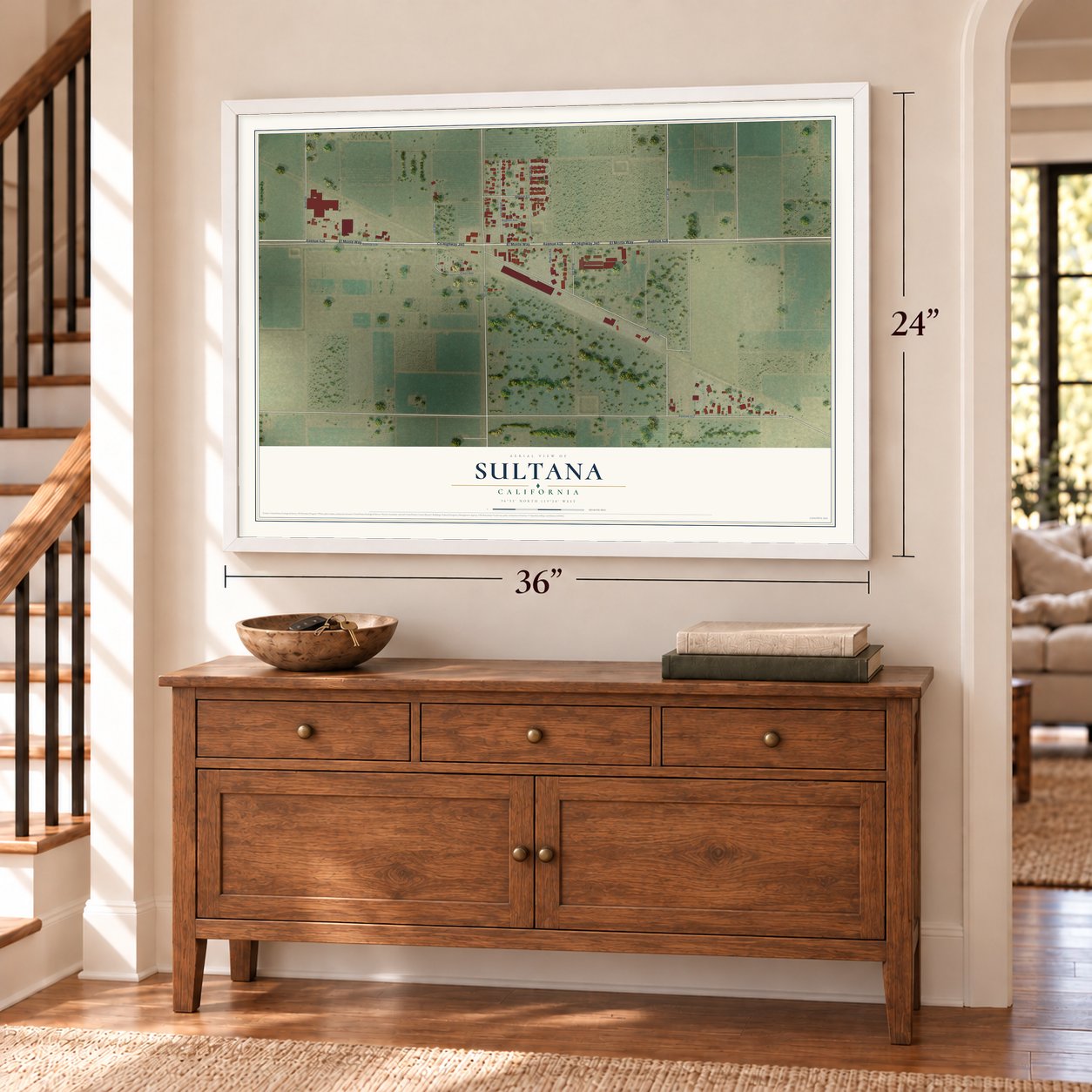 Sultana, California map, 24 x 36 inch print in a white frame above a dresser by a staircase
