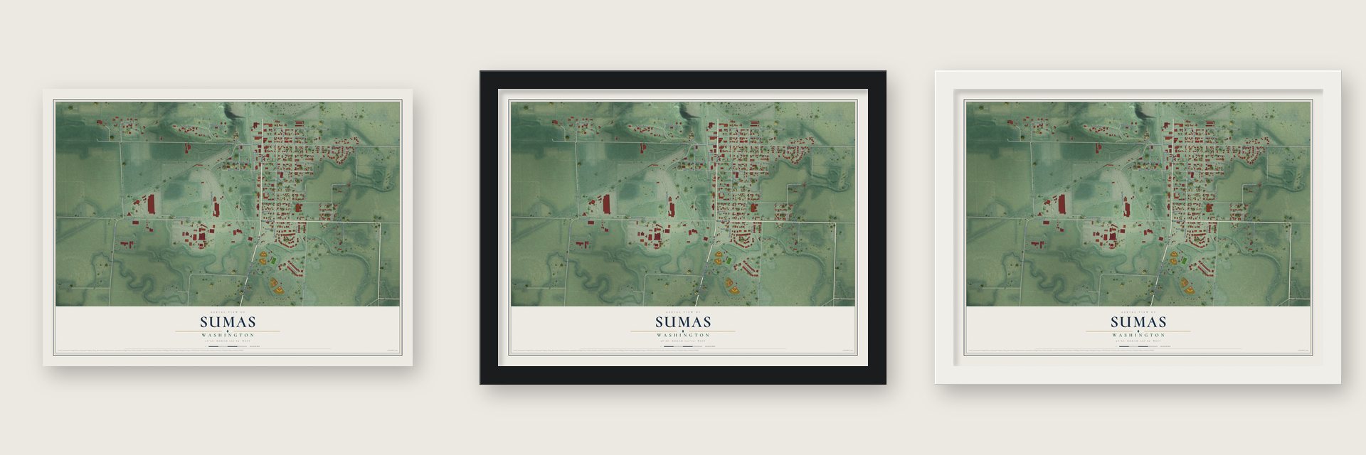 Sumas, Washington map unframed, in a black wood frame and in a white wood frame