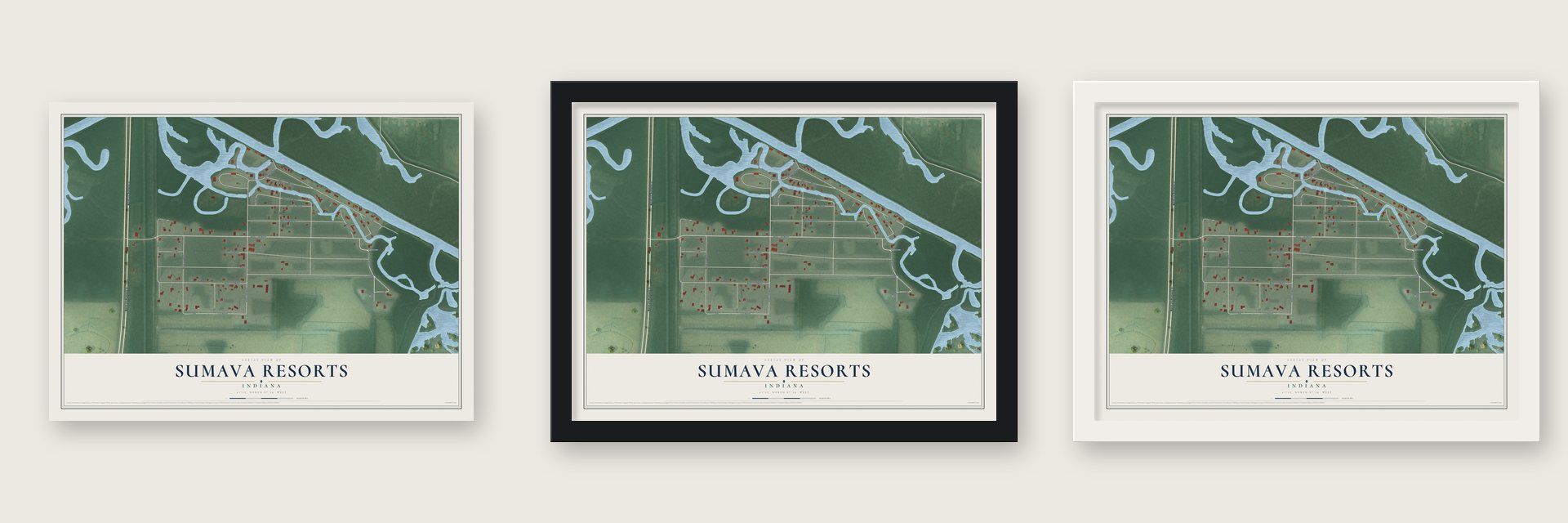 Sumava Resorts, Indiana map unframed, in a black wood frame and in a white wood frame