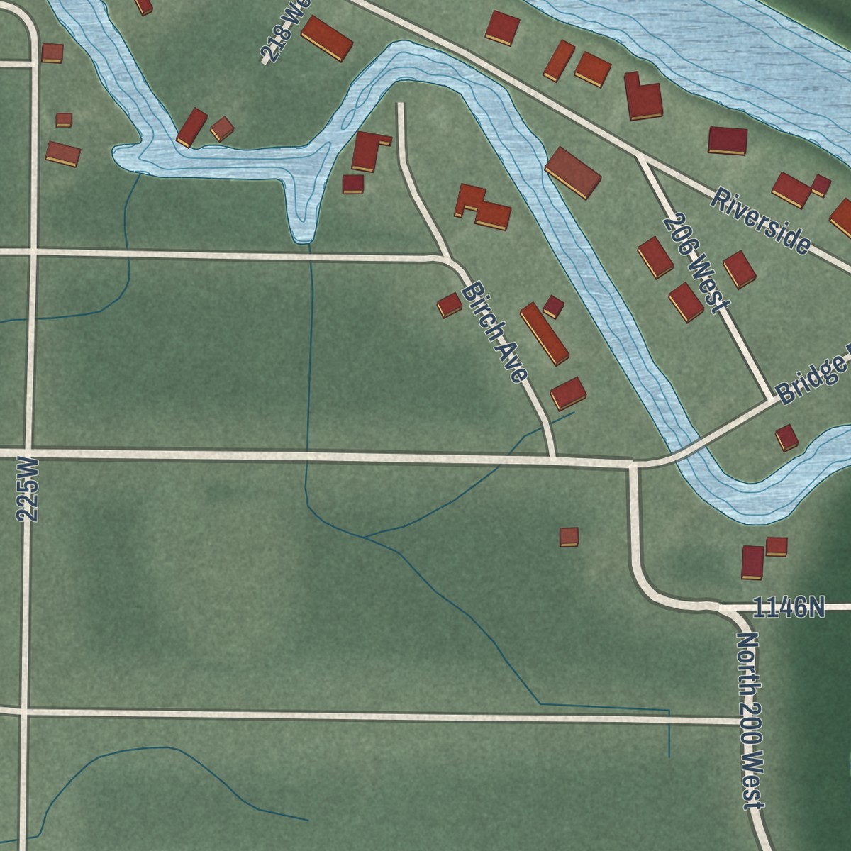 Second close-up of the map of Sumava Resorts, Indiana print showing more streets and buildings