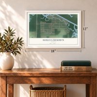 Sumava Resorts, Indiana map, 12 x 18 inch print in a white frame in an entryway