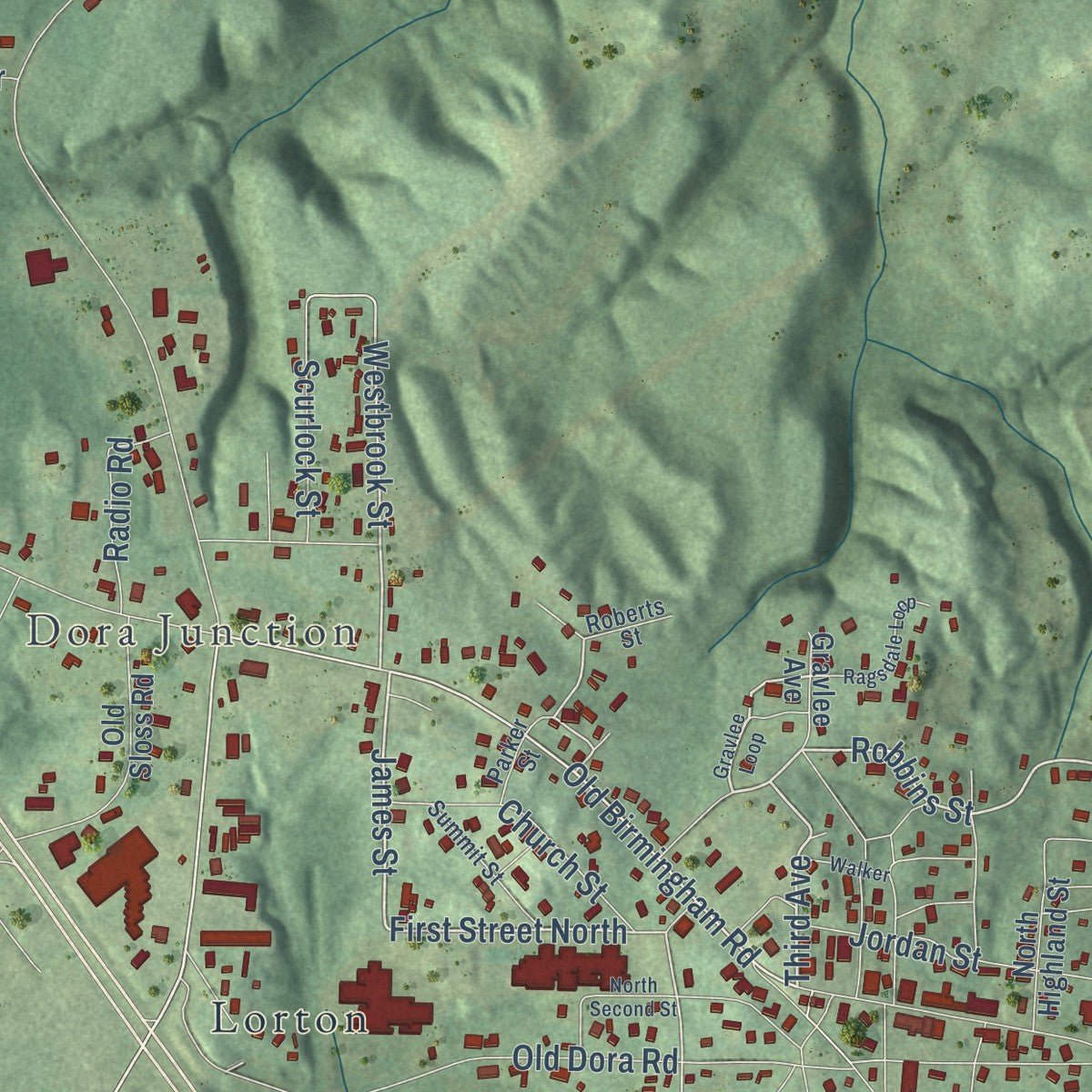 Second close-up of the map of Sumiton, Alabama print showing more streets and buildings