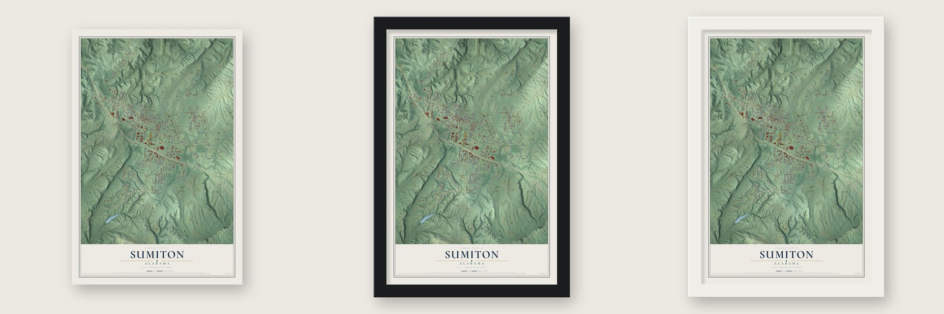 Sumiton, Alabama map unframed, in a black wood frame and in a white wood frame