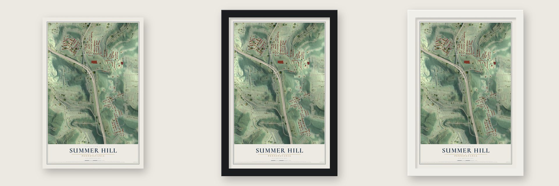 Summer Hill, Pennsylvania map unframed, in a black wood frame and in a white wood frame