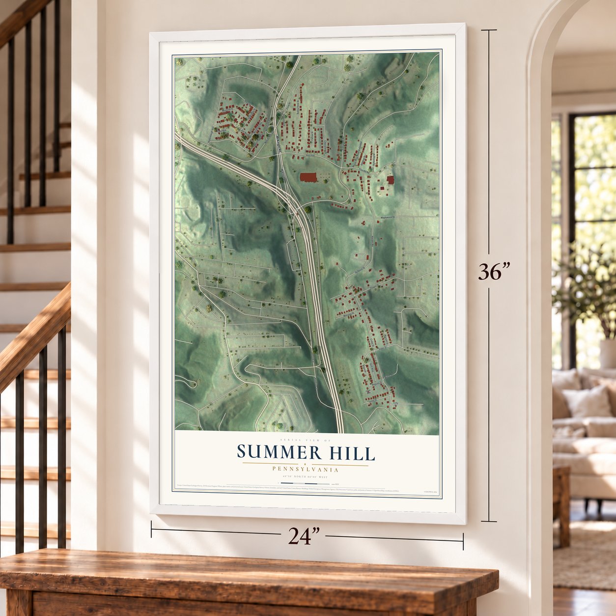 Summer Hill, Pennsylvania map, 24 x 36 inch print in a white frame by a staircase