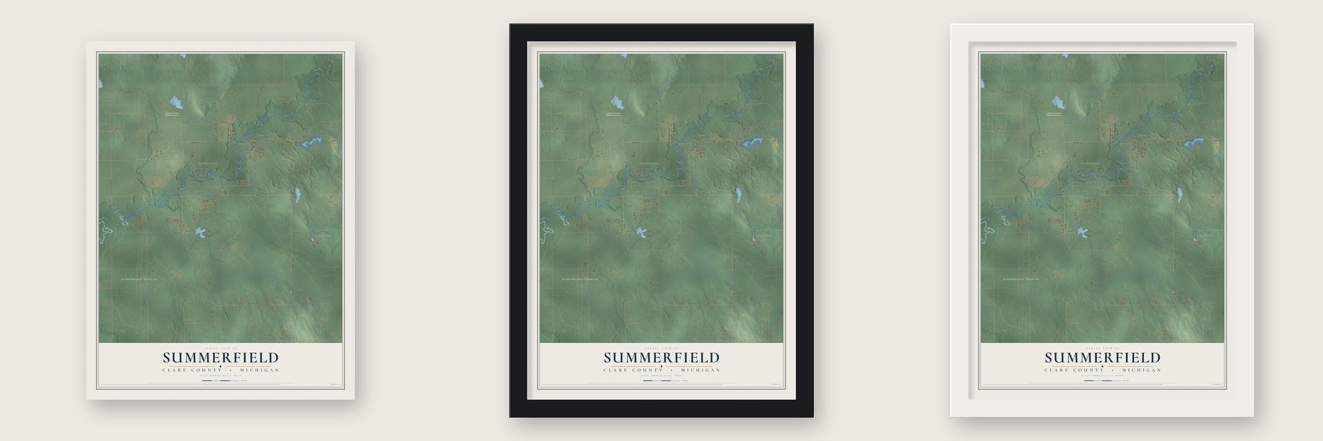 Summerfield, Clare County, Michigan map unframed, in a black wood frame and in a white wood frame