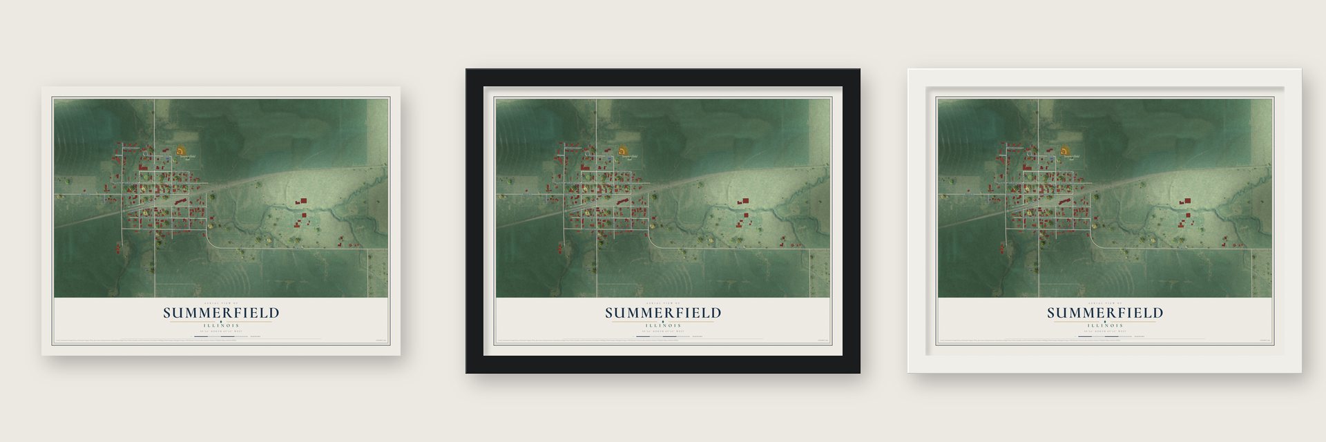Summerfield, Illinois map unframed, in a black wood frame and in a white wood frame