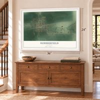 Summerfield, Illinois map, 24 x 36 inch print in a white frame above a dresser by a staircase